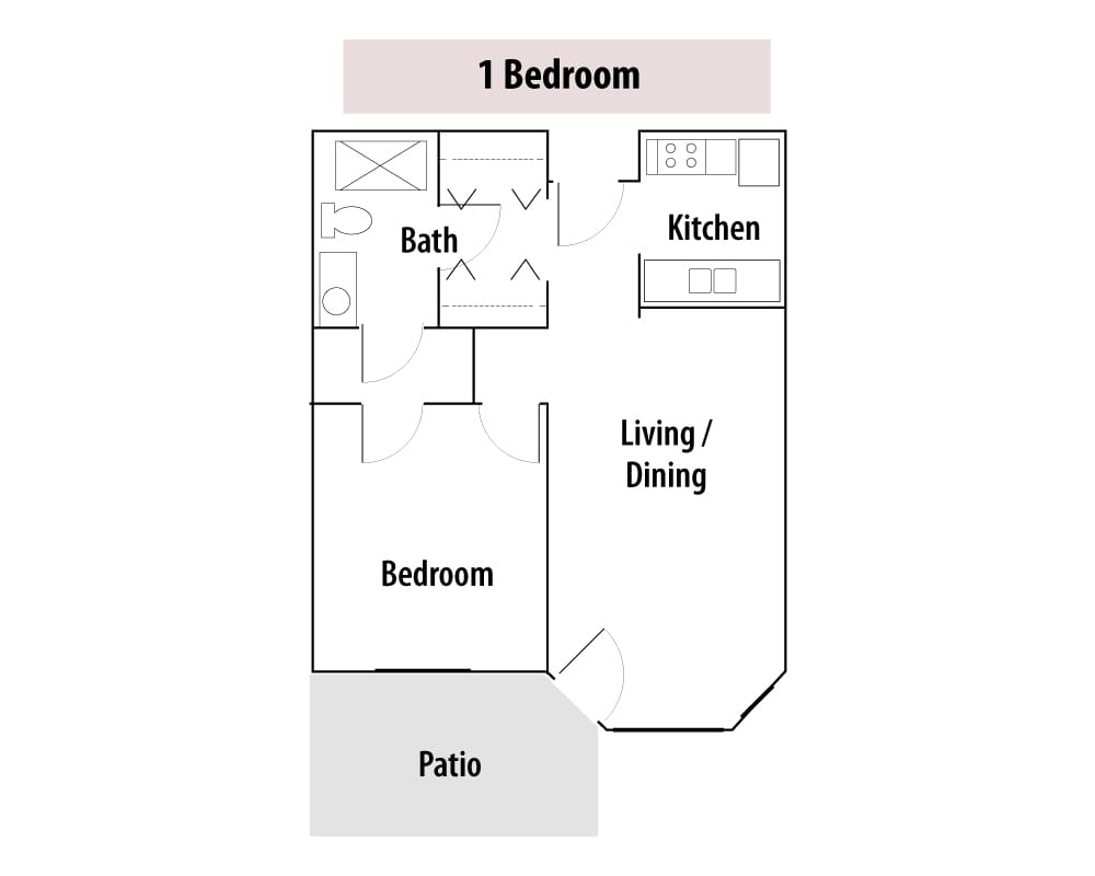 Architectural floor plan of a one-bedroom unit
