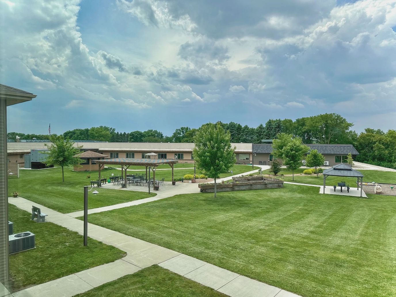 Outdoor view of landscaped grounds and buildings