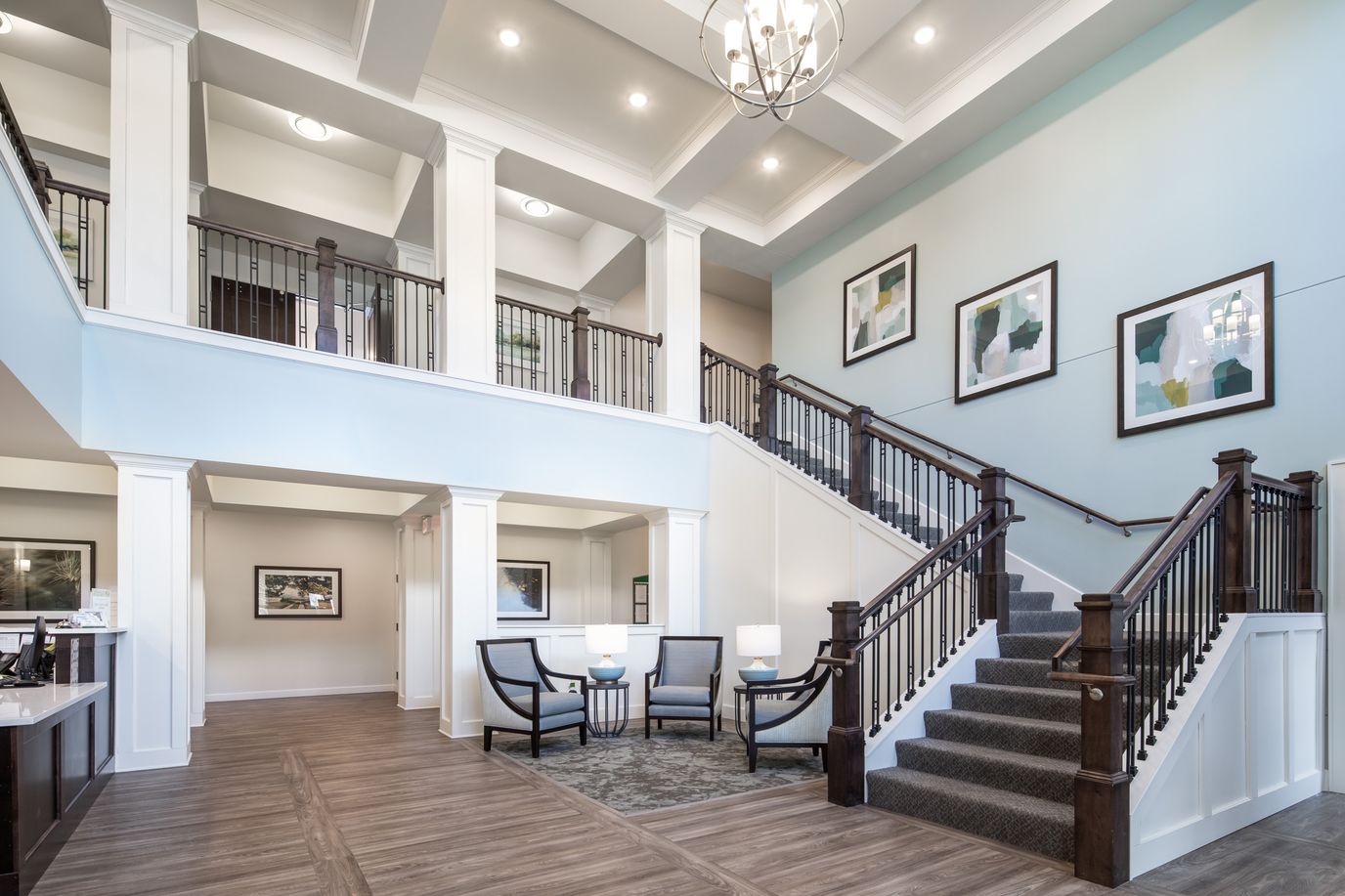 Bright and inviting lobby area with staircase