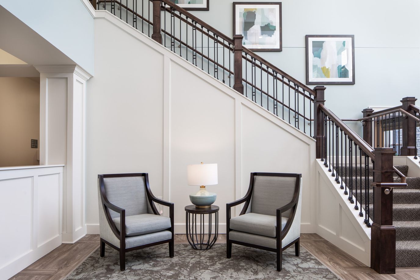 Bright and inviting common area with seating