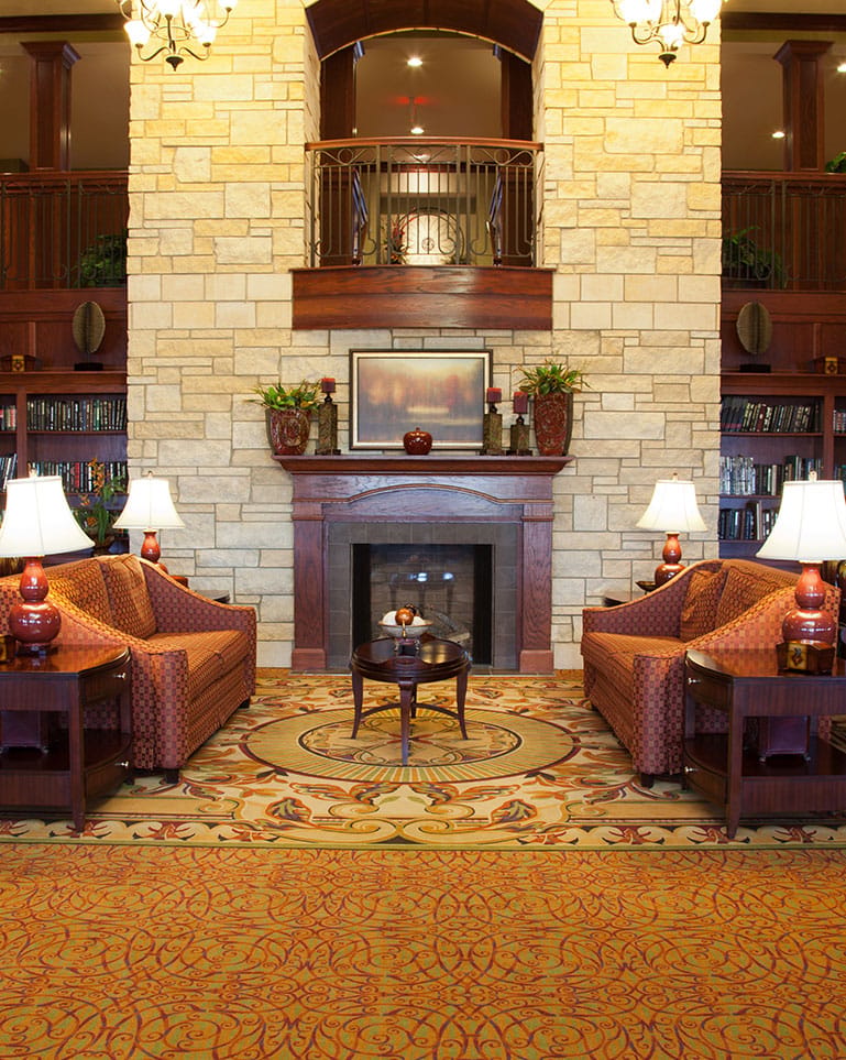 Cozy lobby area with seating and decor