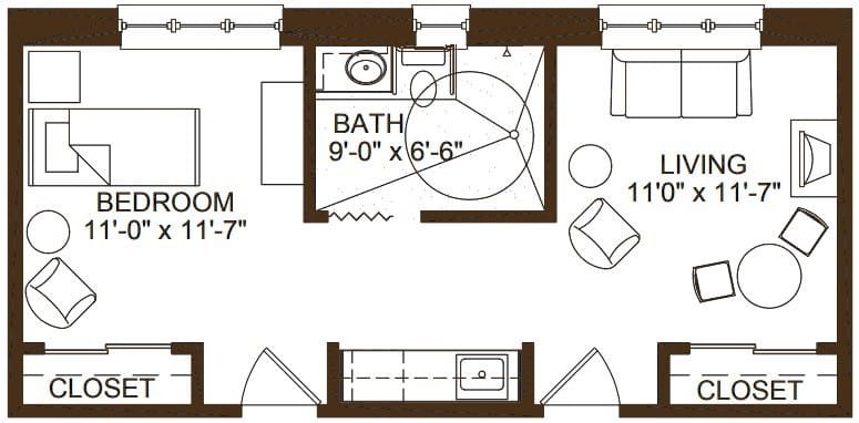 Architectural floor plan of a resident unit layout