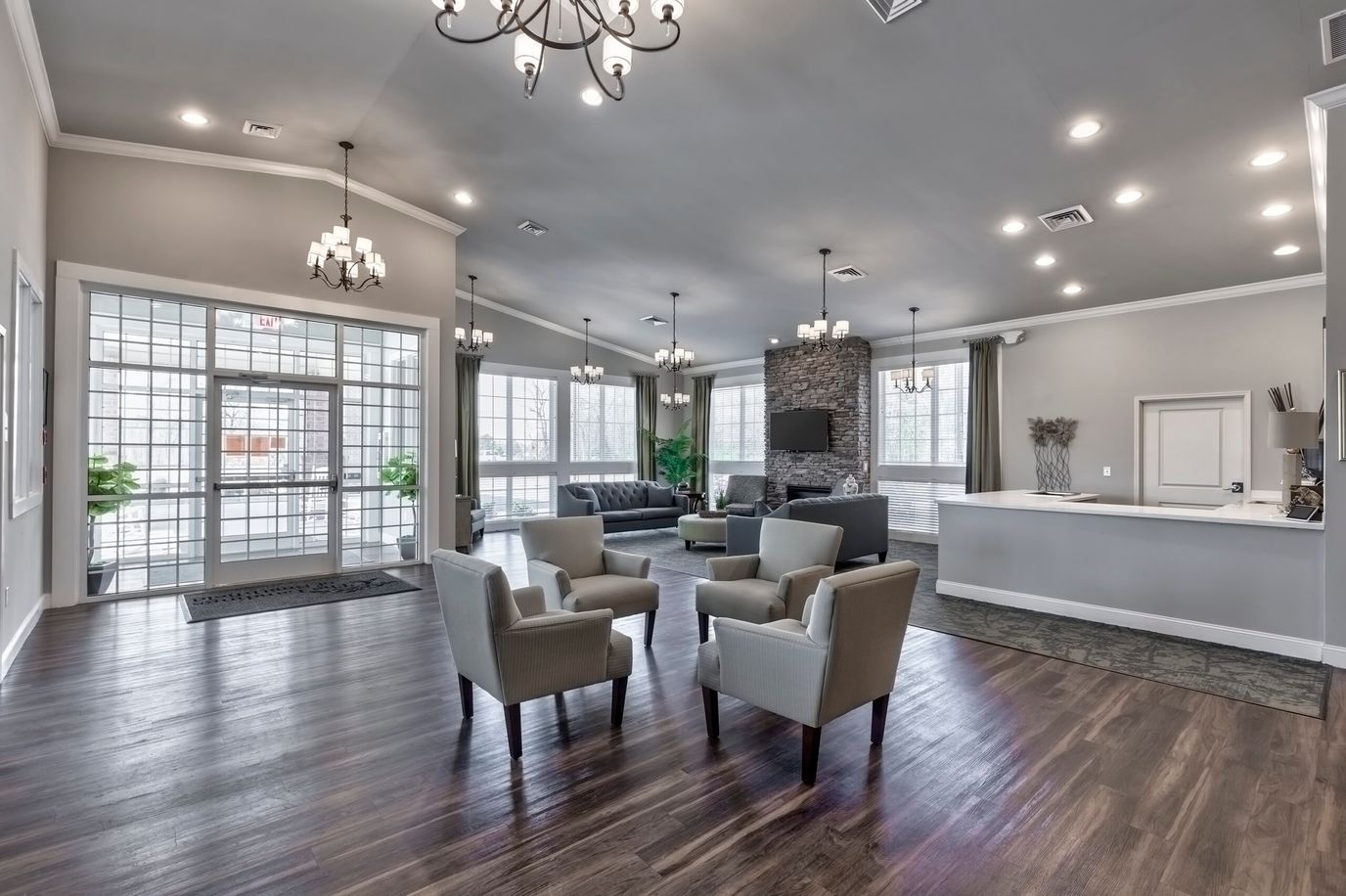 Interior view of a modern lounge area in a senior living facility