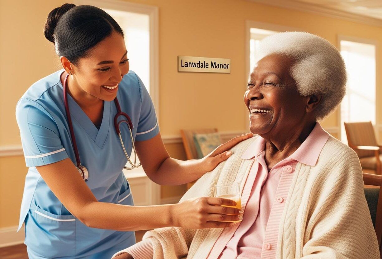A caregiver serving juice to a smiling resident