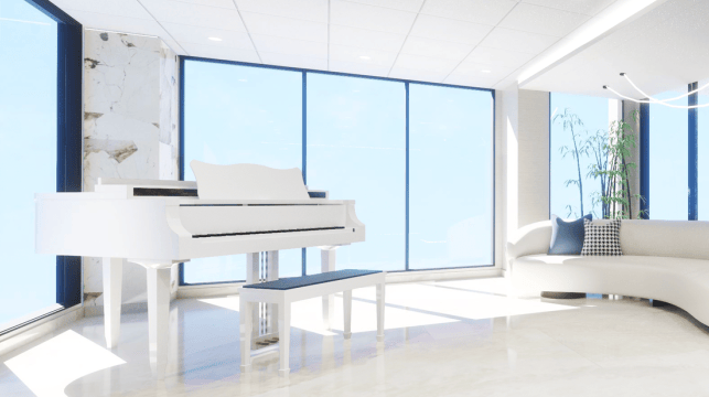 Bright common area with a piano and seating