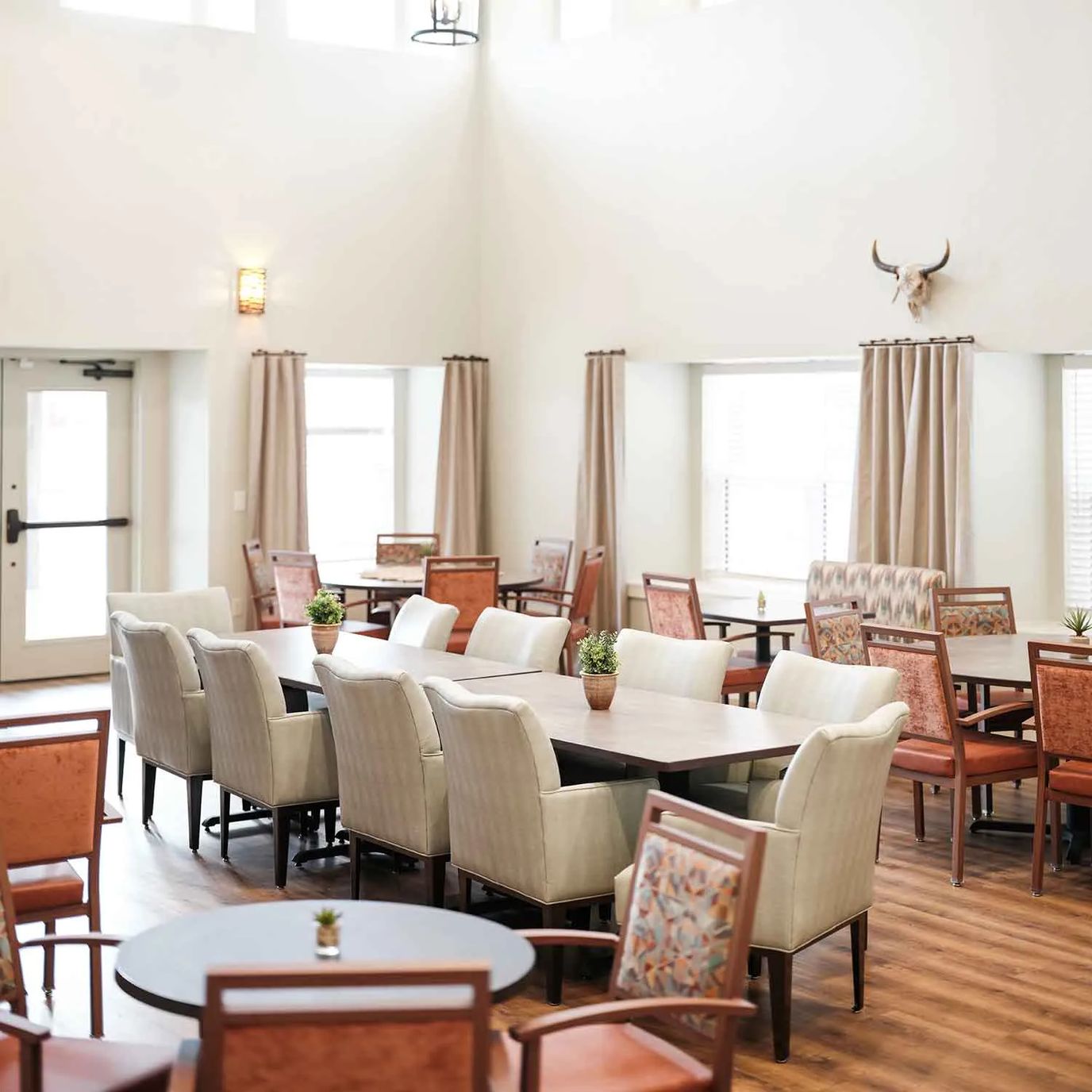 Bright common area with seating arrangements