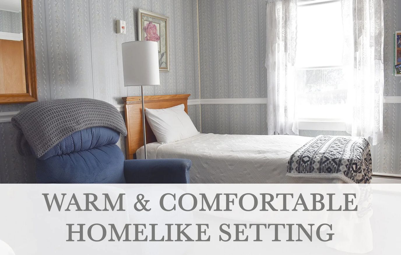 Cozy resident room with a bed and armchair