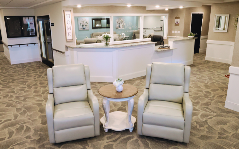 Interior view of a common area with seating and reception