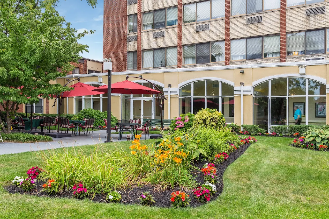 Beautiful garden area with seating and umbrellas