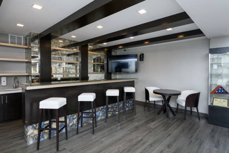Modern interior of a common area with bar seating