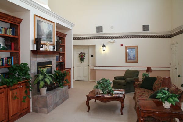 Common area with seating and a fireplace