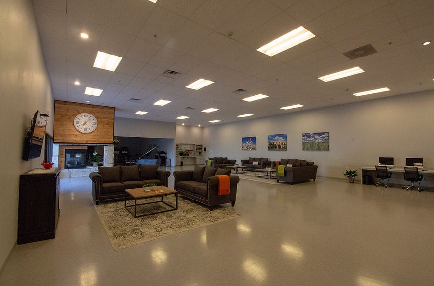 Bright and spacious common area with seating and decor