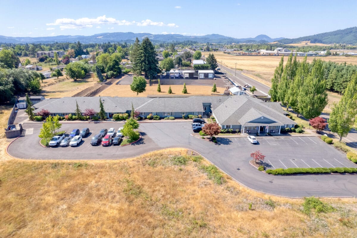 Aerial view of the Bridgecreek Memory Care facility and grounds