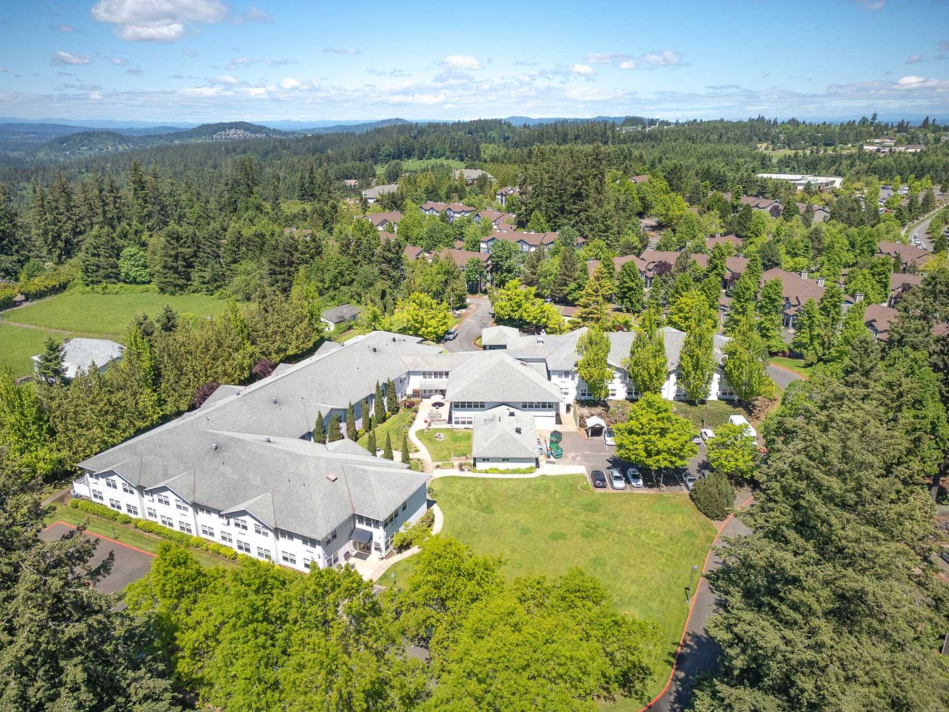Aerial view of the Tanner Spring Memory Care facility and surrounding landscape