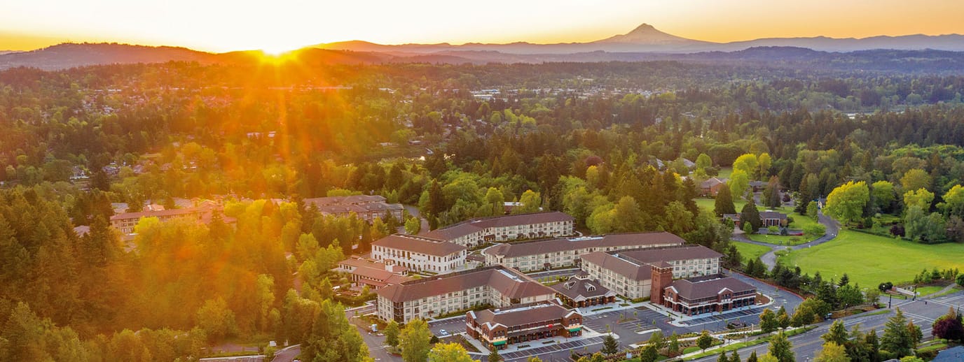 Aerial view of Kellogg Assisted Living at sunrise