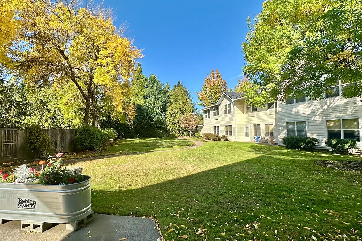 Outdoor area with garden and building exterior
