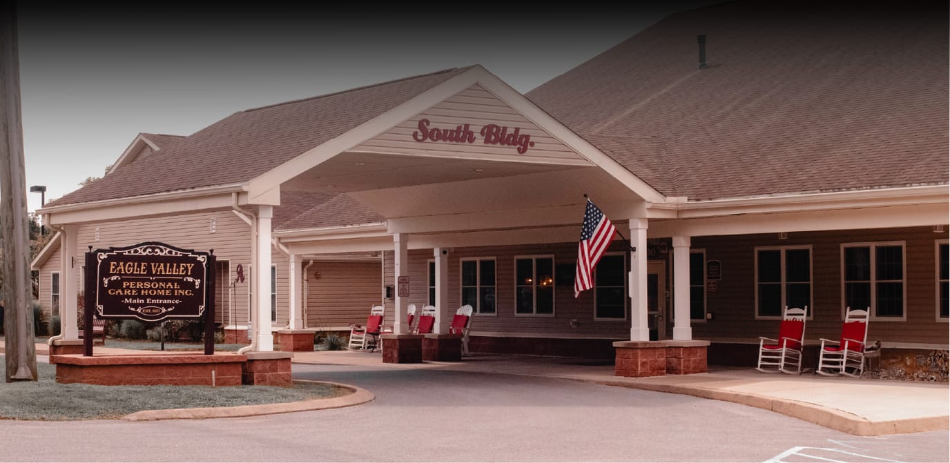 Entrance of Eagle Valley Personal Care Home with rocking chairs