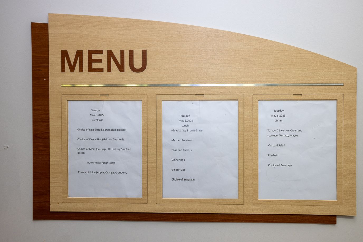 Weekly menu display in the dining area