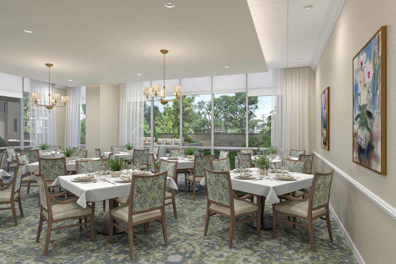 Bright dining room with tables set for meals