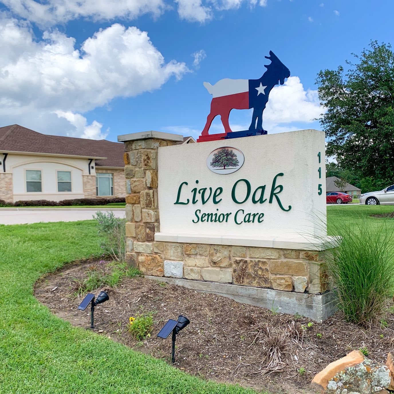 Exterior sign for Live Oak Senior Care facility