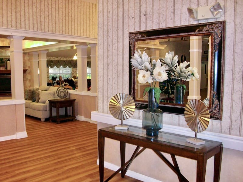 Interior view of a common area with floral decor