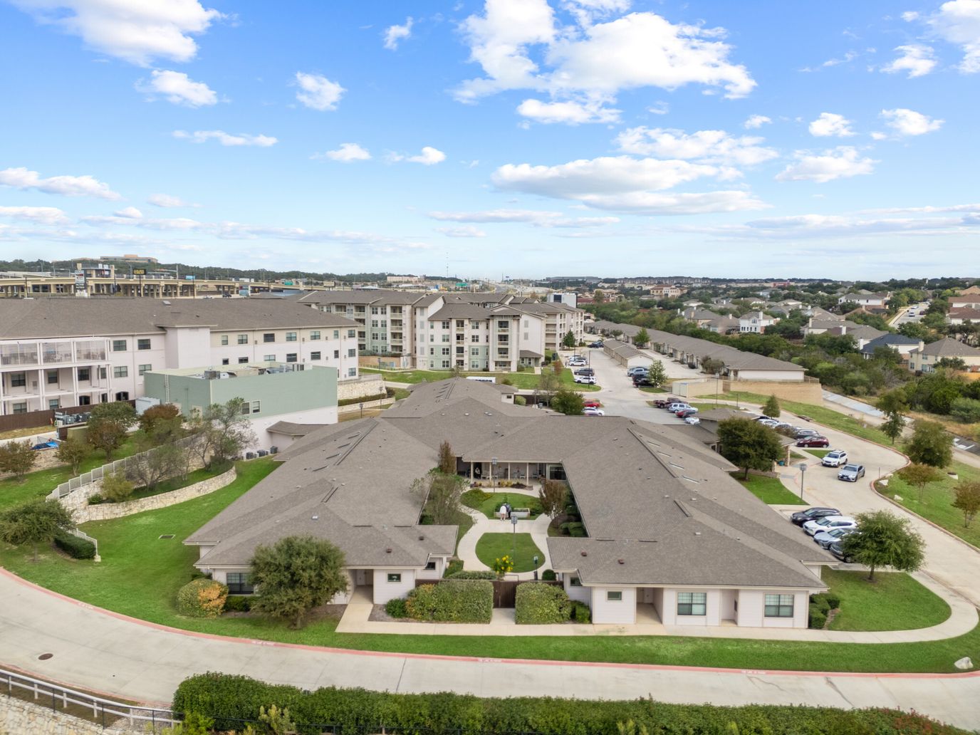 Aerial view of the assisted living facility and surrounding area