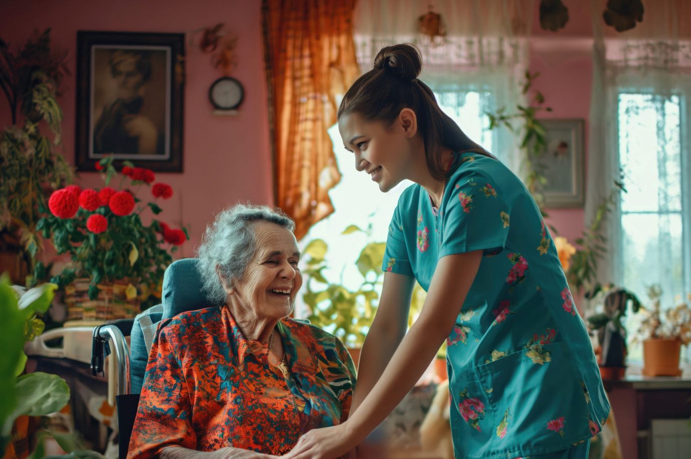 Caregiver interacting with a smiling resident in a cozy room
