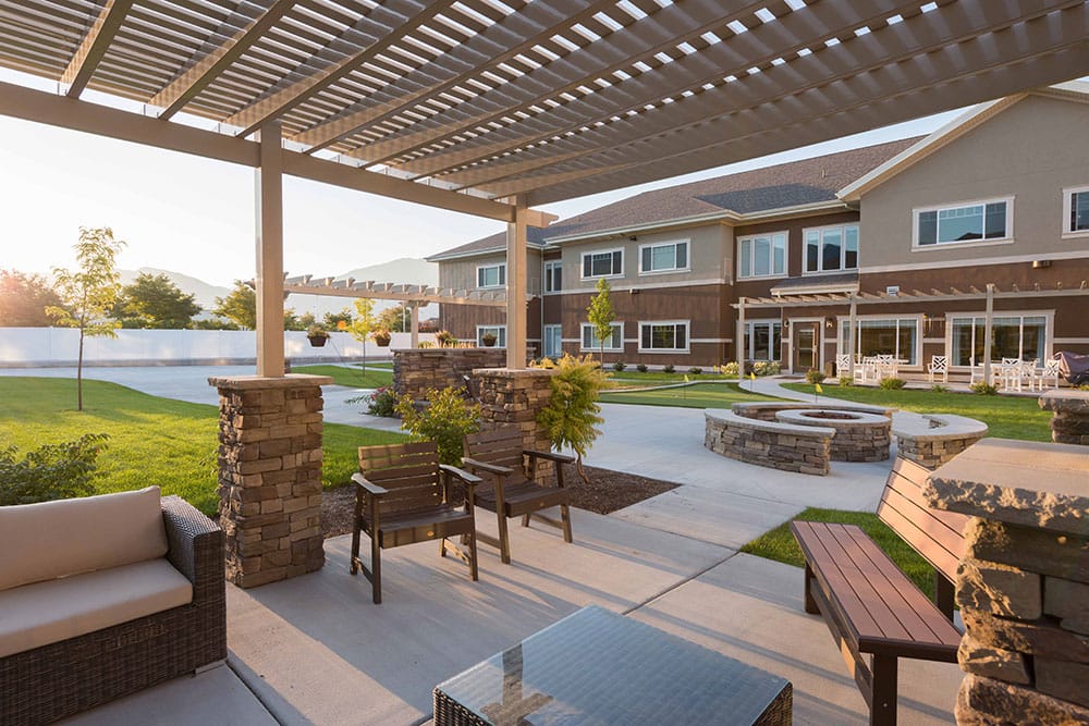 Outdoor seating area with views of the facility