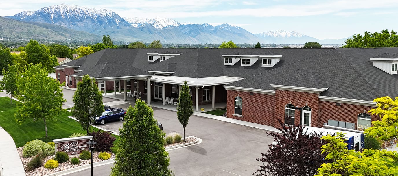 Aerial view of the assisted living facility with mountains in the background