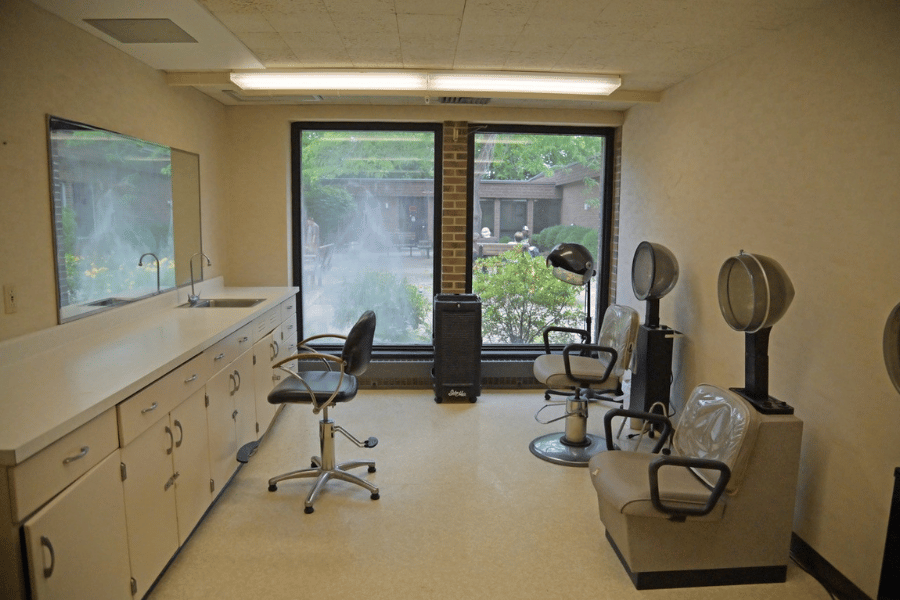 A hair salon area in the assisted living facility