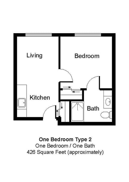 LakeHouse New Holstein, Assisted Living in New Holstein, WI — One-bedroom apartment floor plan with kitchen and bath