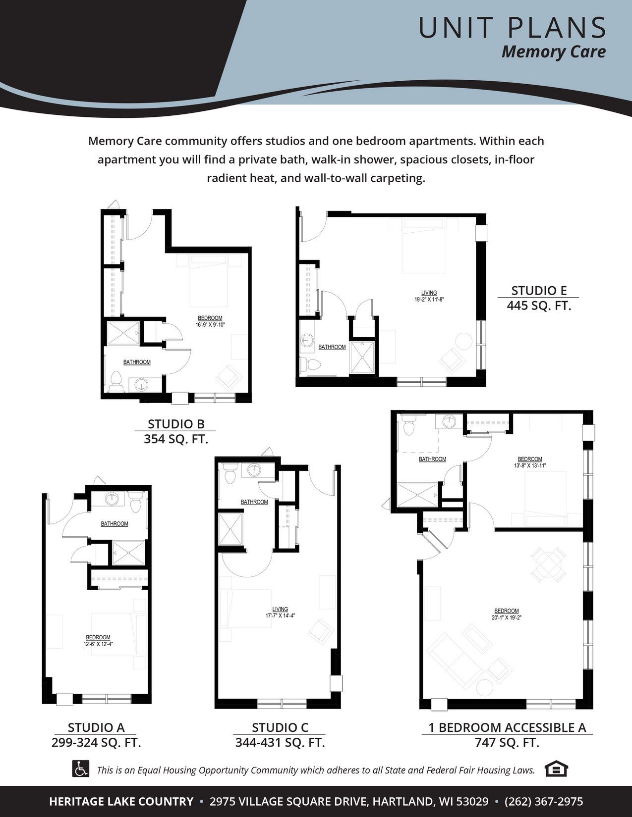 Heritage Lake Country, assisted living in Hartland, WI — Floor plans for memory care apartments with dimensions