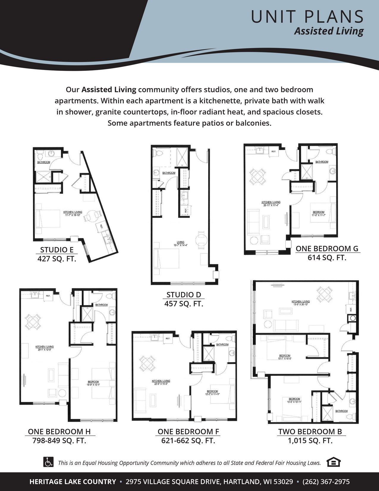 Heritage Lake Country, assisted living in Hartland, WI — Floor plans for assisted living apartments with dimensions