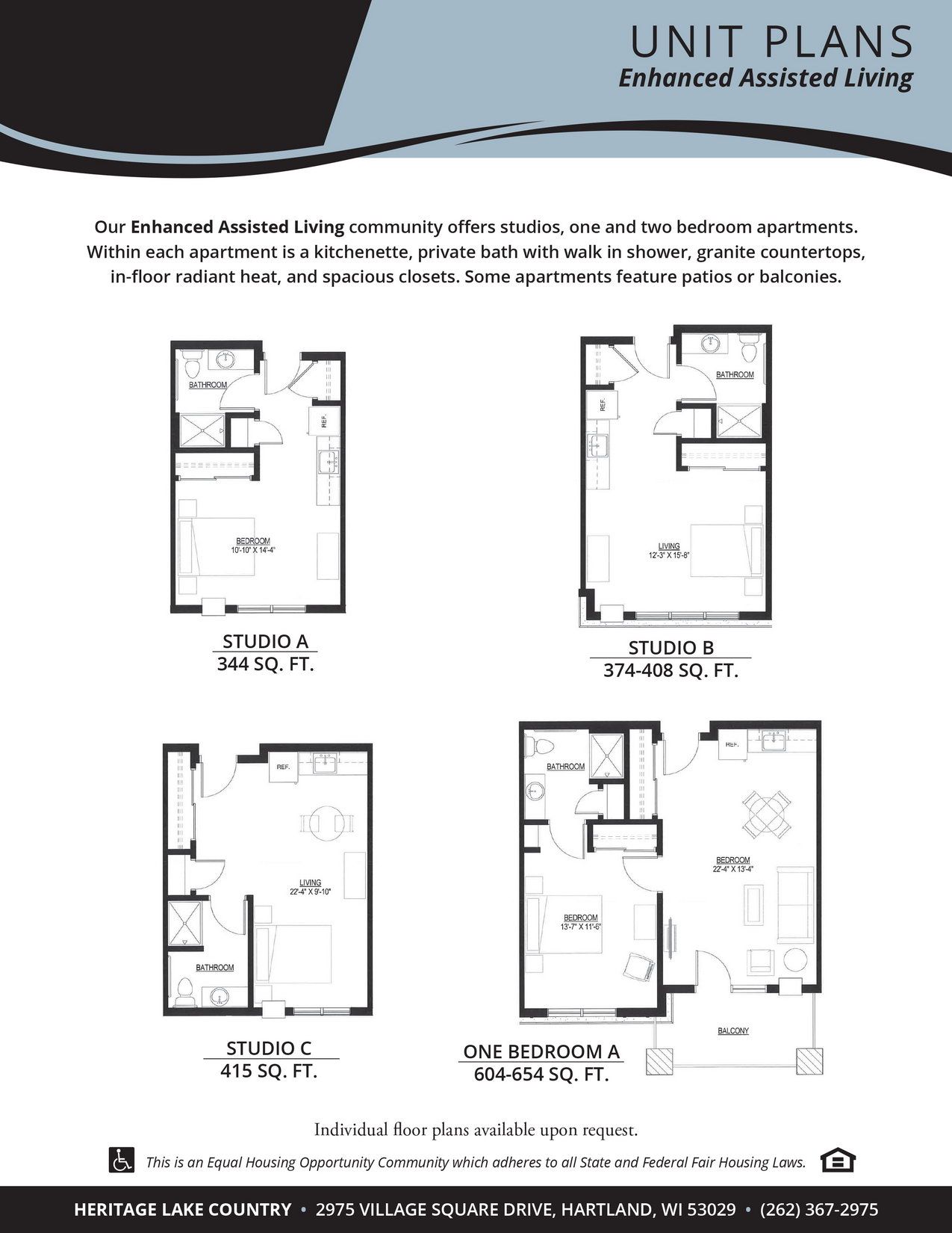 Heritage Lake Country, assisted living in Hartland, WI — Floor plans of studio and one-bedroom apartments
