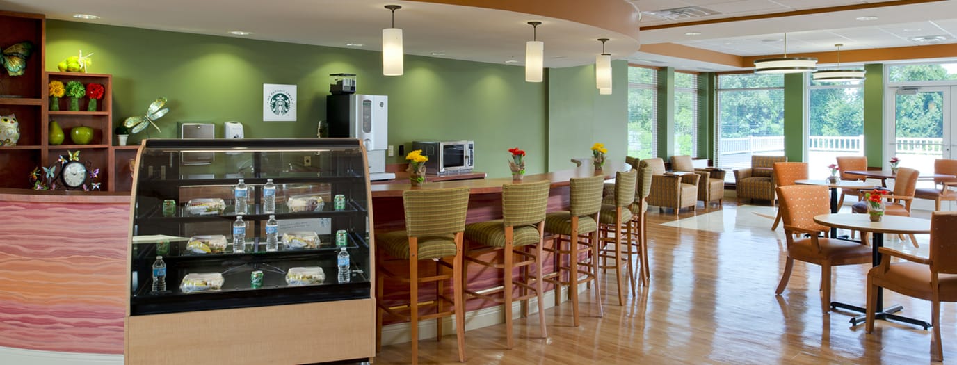 Bright dining area with snacks and seating