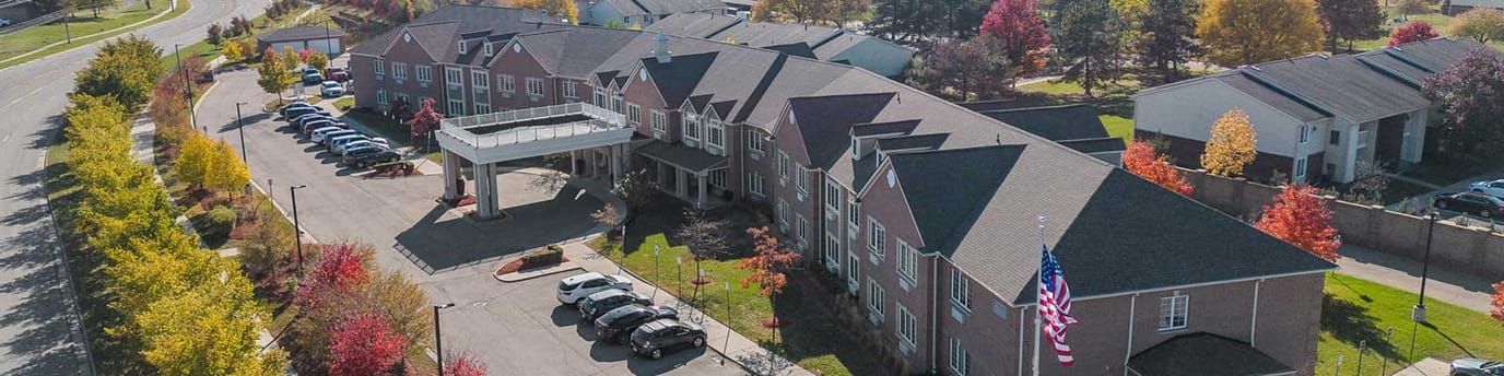Aerial view of Maple Manor Rehab Center with colorful trees
