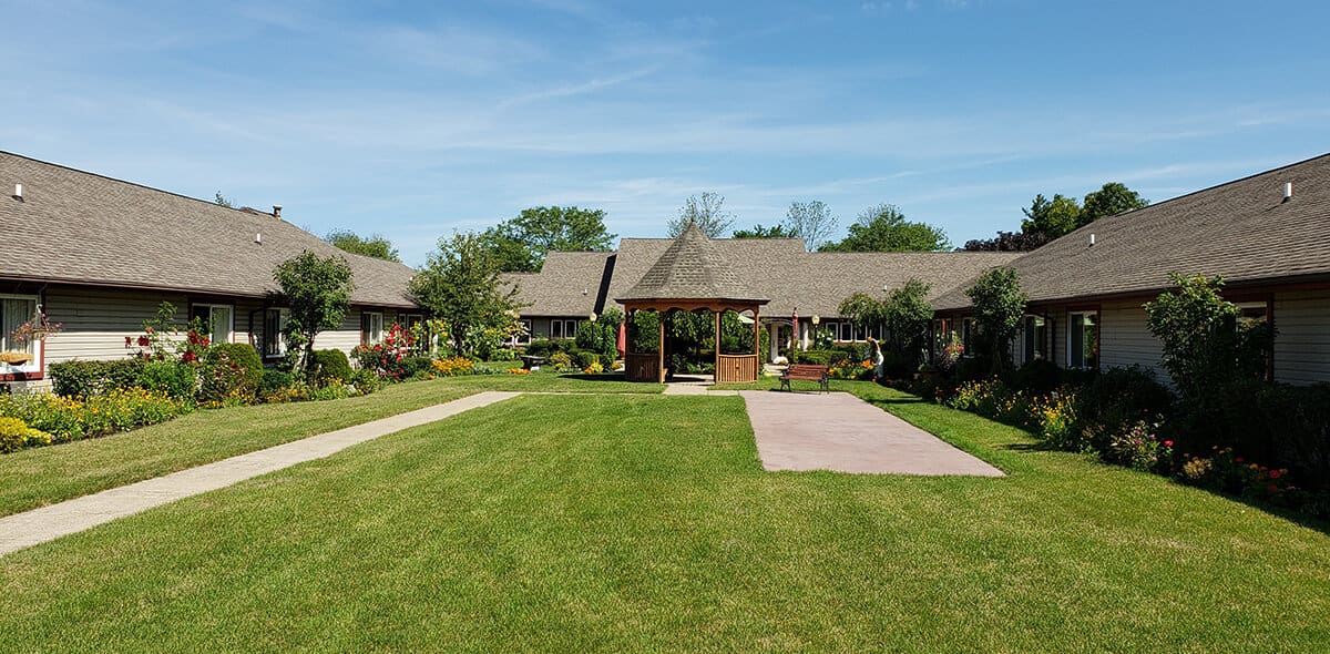 Beautiful outdoor courtyard with gazebo and gardens