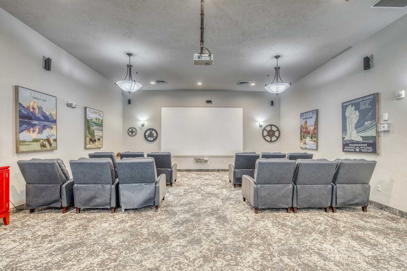 Interior view of a theater room with seating