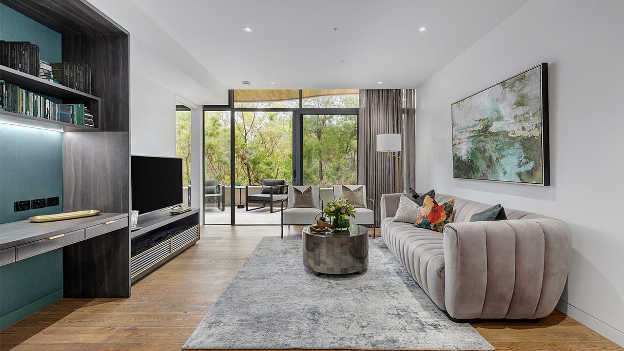 Bright and modern interior common area with seating