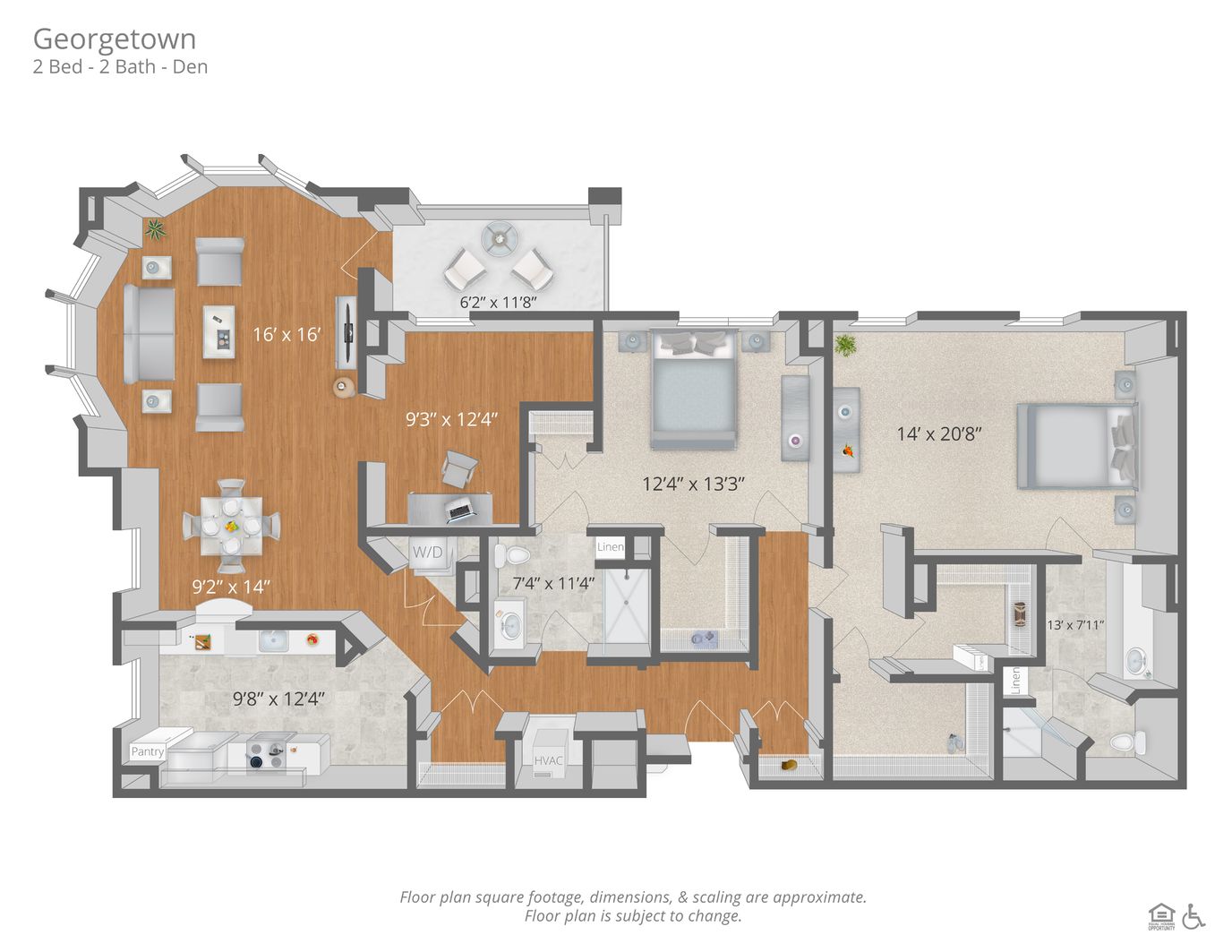 Architectural floor plan of a 2-bedroom unit