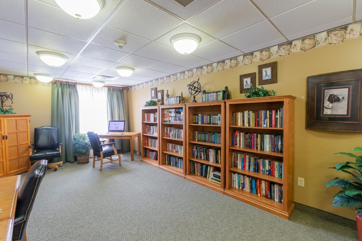 Cozy library space with bookshelves and seating area