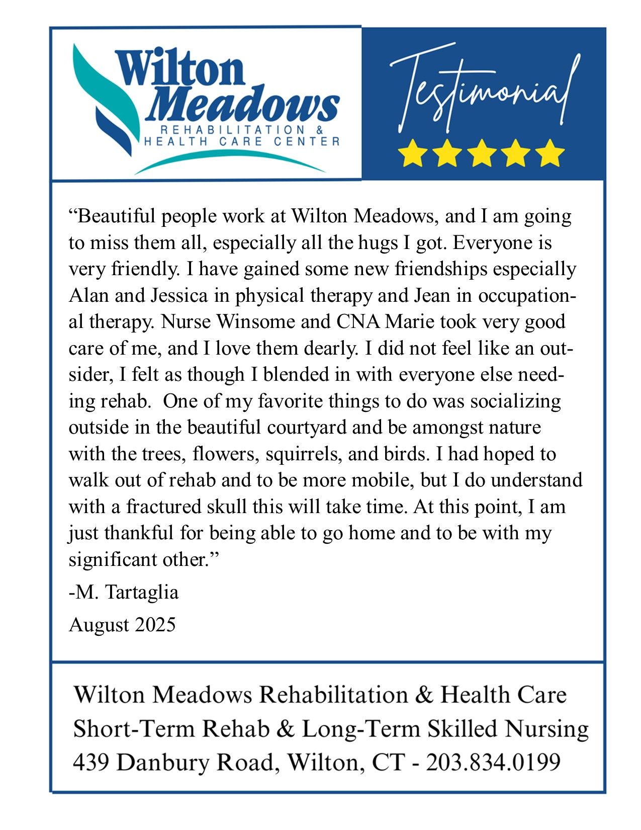 Testimonial from a resident at Wilton Meadows