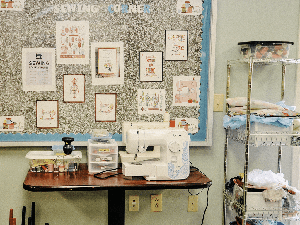 Sewing corner with machine and supplies