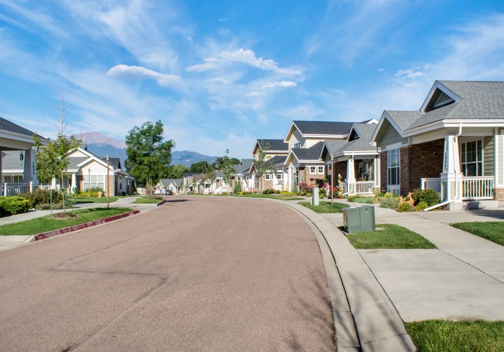 Residential street view of a senior living community
