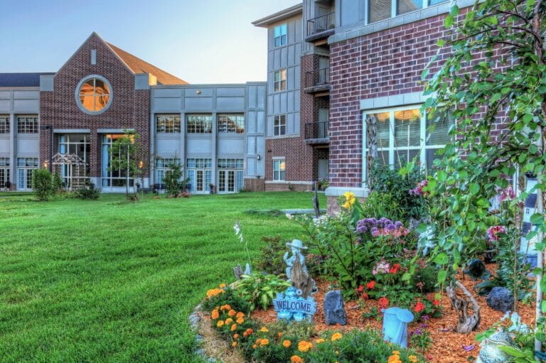 Exterior view of the facility with a garden