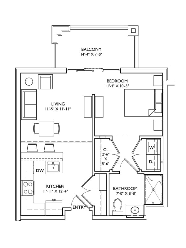 Architectural floor plan of a senior living unit