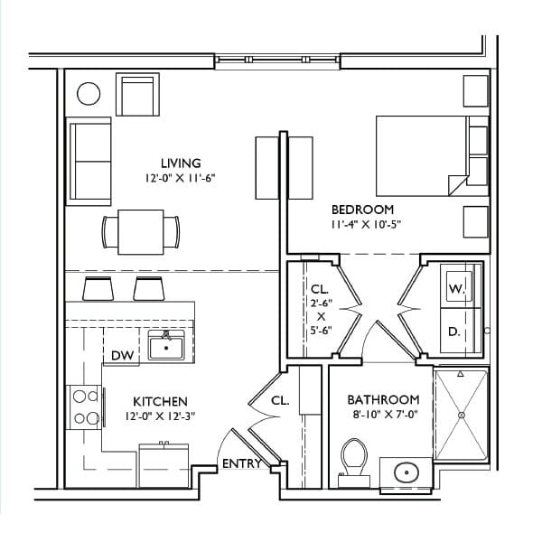 Architectural floor plan of a resident unit layout