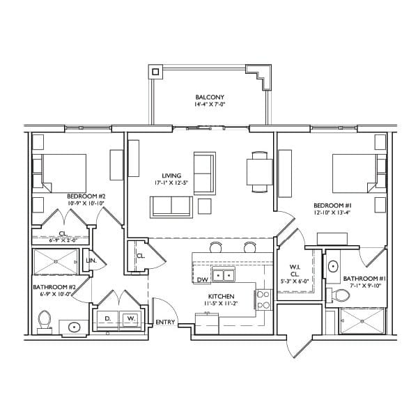 Architectural floor plan of a two-bedroom apartment
