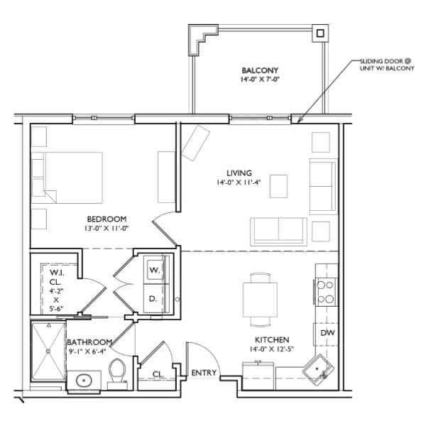 Architectural floor plan of a living unit with balcony