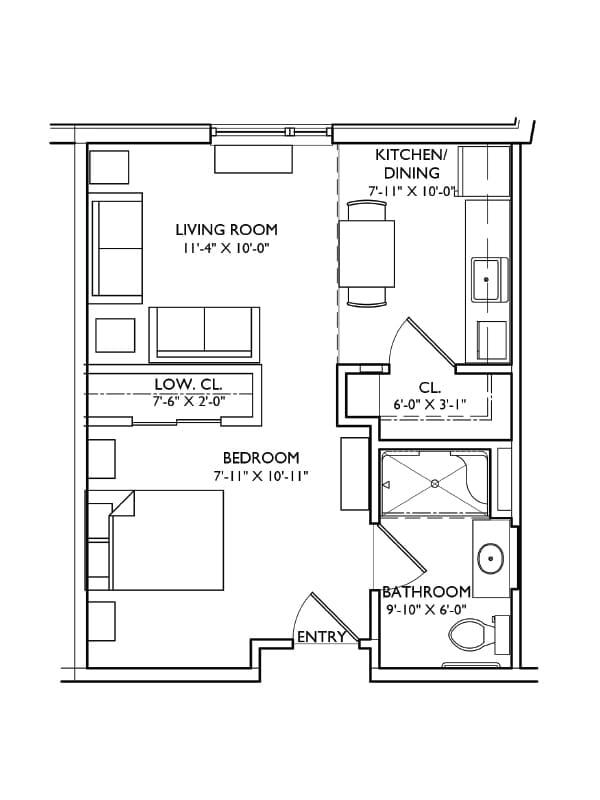 Architectural floor plan of a resident unit